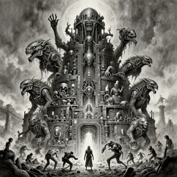 b & w inks of 1 1 tiered charater, flayed god machines, cluster tiered heirarchy, battle chaos, mainframe hydrocracking battles, medical, dystopian, by wayne d barlowe, h r giger, simon bisley & boris vallejo, enric torres, hyper realism, narrative light, muted colors, epic, hyper detailed, awe inspiring, award winning horror
