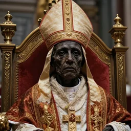 mummified pope in his throne at the vatican, desiccated, close - up portrait, tall pontiff hat, mitre, dark, moody, black skin, ornate, hyper realistic, sharp focus, highly detailed