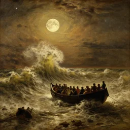 haraga sea big storm, moon light, huge waves, starry night, by rembrandt, painting, warm color palette, uplight, pneumatic boat, illegal immigration, boat people