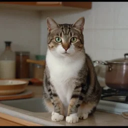 a still from a 9 0 s vhs video, with distortion and noise artefacts, showing a cat in a kitchen