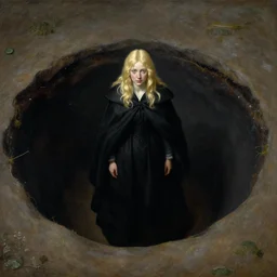 overhead shot by wes anderson beautiful pale golden woman traveler in cloak and black gown standing at the mouth of a gaping black pit, by anders zorn, masterpiece by greg rutkowski, intricate, elegant, highly detailed, oil painting, concept art, smooth, sharp focus, illustration, eerie beautiful cinematic, thomas lawrence, gurney,
