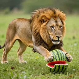 Lion pouncing onto a watermelon, award winning nature pot