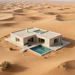 brutalist villa in middle of a desert, aerial view, photorealistic render in octane