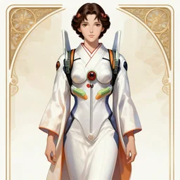 an art nouveau realistic illustration of padme amidala wearing an evangelion kimono pilot suit designed by balenciaga by john berkey by stanley artgerm lau, greg rutkowski, thomas kinkade, alphonse mucha, loish, norman rockwell