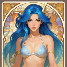 beautiful girl portrait with blue hair wearing a bikini, symmetrical face, character concept, character concept art, by Peter Mohrbacher and Alphonse Mucha, overwatch, weapon, detailed, style, 8k, trending on artstation, unreal