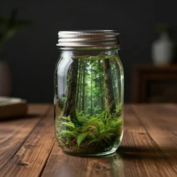 an 8k photograph of a mason jar with a forest inside of it on a wooden table in a dark room. Vray, unrealengine