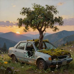 a tree growing inside a scrap car. scrap car overgrown by trees, flowers, grass and moss. broken glass window. a soft golden sunset over the mountains in the background. clouds. hyperrealistic, highly detailed, cinematic, beautiful, cgsociety, artstation, 8 k, oil painting by greg rutkowski, by artgerm, by wlop