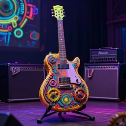 guitar on a stand on a stage with a guitar amp, is futuristic steampunk textured with gears and tubes, 8 k, fluorescent colors, halluzinogenic, multicolored, exaggerated detailed, unreal engine