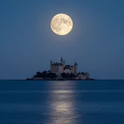 full moon shining over a still ocean, enormous castle in far distance