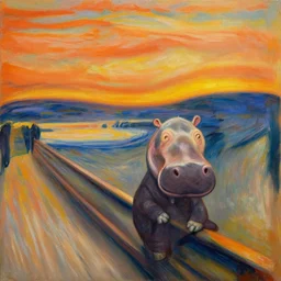 hippo on a savannah during sunset, painting by edvard munch