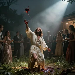 Jesus wasted at a party, throwing up vomit.