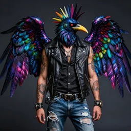 a punk with multicolored raven wings dressed in a sleeveless leather jacket, button up shirt, and ripped jeans hyper detailed and intricate hyper maximalist hyper realistic photorealistic highlights and shadow ray traced ultra - hd 3 2 k post - processing super high resolution