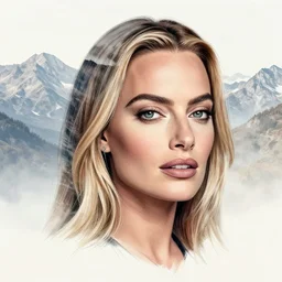 double exposure tattoo design sketch of beautiful mountain scenery as margot robbie face, in the style of matteo pasqualin, amazing detail