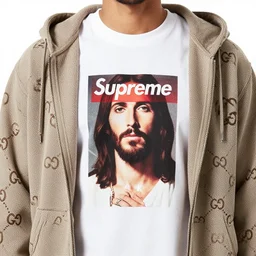 a photo of jesus wearing a supreme t - shirt underneath a gucci hoddie, 4 k, highly detailed