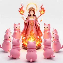 a cult of pink cloak wearing kittens summon a fire goddess from the depths of a raging fire pit, flames are emerging from fissures in the ground.