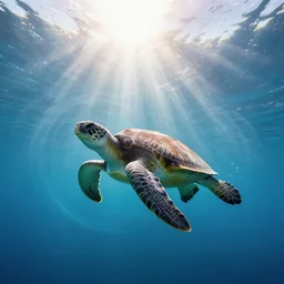 tropical sea turtle ethereal swirling ocean abstract swimming towards the sunlit surface of the ocean rays of sunlight through the water hyper detailed