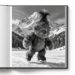 book illustration of an ice skating mountain troll, book illustration, monochromatic, white background, black and white image