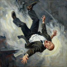 slipping, saul goodman, screaming, slipping and flying, falling, flailing painting by phil hale, fransico goya, david lynch,'action lines '!!!, graphic style, visible brushstrokes, motion blur, blurry