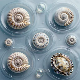 bubbles in cresting oil slick waves, ammonites, abalone, art nouveau, rococo, organic rippling spirals, photorealistic octane render, iridescent glass art forms from nature by ernst haeckel