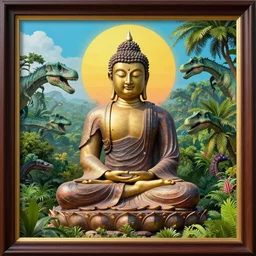 well framed buddha meditating in a lush jurassic landscape, 4 k, hyper realistic, in he style of national geographic, coherent design, symmetrical, vivid colour, complementary colour, golden ratio, detailed, sharp lines, intricate, rainbow shift, in unreal 3 d engine, ray tracing, octane render