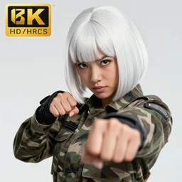 black anime manga girl, wearing camo, white french bob, throwing punch to camera pose, realistic, 4 k, artstation, highly detailed, detailed face
