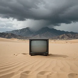 dream - like field of sand with a crt tv in the middle, masterpiece, mountains, rain clouds, professional photograph