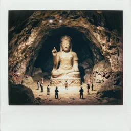 a tiny civilization worshiping a massive statue inside of a huge excavated cave, old polaroid, expired film, surreal, megalophobia,