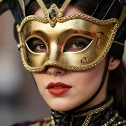 closeup of a beautiful woman in an ornate Venice Carnival Mask, perfect face and perfect proportions, 8K, octane render, 8K,