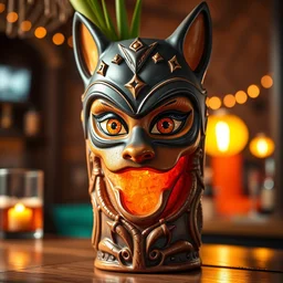 a closeup photorealistic photograph of a superhero cat woman style tiki mug from trader vic's featuring the face of cat woman at the beach bar. bright scene. fine detail. this 4 k hd image is trending on artstation, featured on behance, well - rendered, extra crisp, features intricate detail, epic composition and the style of unreal engine.