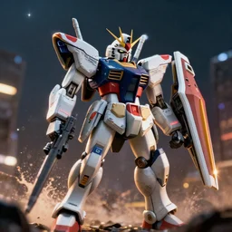 gundam in gears of war battlefield 5, splash art, movie still, cinematic lighting, ray tracing, octane render, long lens, shallow depth of field, bokeh, anamorphic lens flare, 8 k, hyper detailed, 3 5 mm film grain