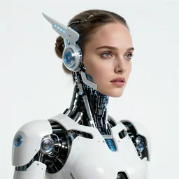 beautiful Fine art photo portrait of enraptured young Natalie Portman as a solarpunk robotic goddess, white mechanical parts with led lights, photorealistic, white background, highly detailed and intricate, studio lighting, HDR 8k