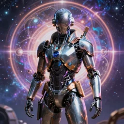 a rebel warrior cyborg in a futuristic world, protector of free humans and spritual creations, cosmic spirtual art, 8K 3D, unreal engine, filmic, cinematic, fulcolor