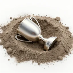 a trophy cup, on its side halfway! buried! in a pile of dust and ash, 8 k hdr picture, top - down angled view