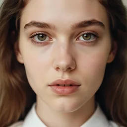 “ attractive beautiful brown hair young caucasian woman close up wearing shirt, soft, cute, 1 9 6 0 ’ s fashion, 1 5 0 mm f 2. 8, extreme close up face shot, hasselblad, art, brian ingram, david lazar, lisa kristine, steve mccurry, high quality, symmetrical face, clear skin, 4 k, dramatic lighting, award winning ”