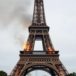 burning eiffel tower, realistic footage, natural lighting, realistic, sharp focus, very detailed, news feed