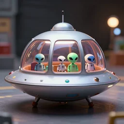 high quality presentation photo of a retro flying saucer with large windows and cute alien robots inside, photography 4k, full body, f1.8 anamorphic, bokeh, 4k, Canon, Nikon