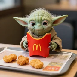 yoda, upset, yoda sitting behind a table inside mcdonald's, small red cardboard box on table, yellow m logo on box, chicken mcnuggets on tray, 3 5 mm, f / 2. 8