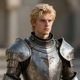 a handsome blonde male human knight, helmetless, ultra detailed, cinematic shot, photorealistic, octane render, high definition, drawn by aenaluck, fine details, 8 k
