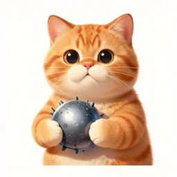 1 9 8 0's color photo, propaganda poster of cute orange cat holding atomic core