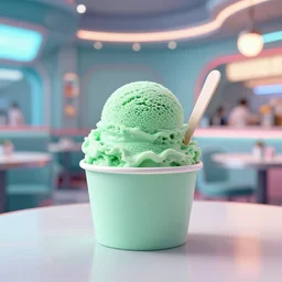 high res mint ice cream sitting on a table in a futuristic diner 4k