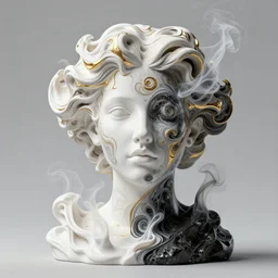 3 d liquid simulation, octane render, female model face photography, smoke sculpture, intricate swirly patterns, female face model, mixing in white paint, white carved abstract sculpture, black mineral quartz sculpt, swirly curls fractal gold, abstract white fluid, golden edges and fractals, wasili kandinski, artstation, render, cinema 4 d, art noveau fresco ink, liquid acrylic painting