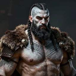 concept art of a tall muscular man, with a full black beard, barbarian with white and gray skin, short hair on sides of head, braided hair on top of head, tribal tattoos on head and chest and back, shoulder armor as bear fur, upper body portrait, style by donato giancola, wayne reynolds, jeff easley dramatic light, high detail, cinematic lighting, artstation, dungeons and dragons