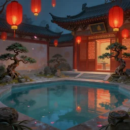 painting of empty onsen next to chinese palace with levitating red lanterns and petals by greg rutkowski and hiroshi nagai, bonsai trees, zen garden, ornate chinese motifs, concept art, fantasy, cinematic lighting, unreal engine, lumen reflections, trending on artstation