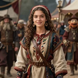 detailed ultrarealistic photography medium shot of dnd fantasy medieval gothic festival ethnic rustic girl warrior in muppet show cloth, leyendecker, norman rockwell, greg rutkowski, jim henson artstation cinematic, vray