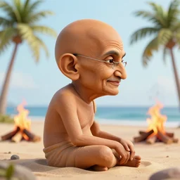 gandhi with a big head and a small body at the beach sitting on the sand next to a campfire with palm trees in the back, 3 d goddess close up profile portrait beautiful intricately detailed, intricate detail, illustration, radiant light, artwork by tooth wu and wlop and beeple and greg rutkowski, ilya kuvshinov katsuhiro villeneuve, jeremy lipkin and michael garmash and rob rey, by tristan eaton, stanley artgermm, tom bagshaw, carne griffiths