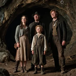 sharp, detailed, film from a sci fi 1 6 k color movie, set in 1 8 6 0, family standing outside a cave on a strange alien planet, looking happy, wearing 1 8 5 0 s era clothes, atmospheric lighting, in focus, reflective eyes, 3 5 mm macro lens, live action, nice composition, good photography