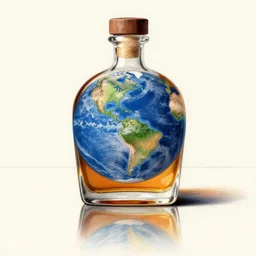 planet earth, seen in a reflection in a whiskey bottle, on a table, detailed drawing