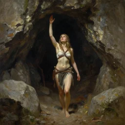 a beautiful painting of a lone female barbarian emerging from a cave entrance with one arm raised, cinematic lighting by gerald brom and greg rutkowski,