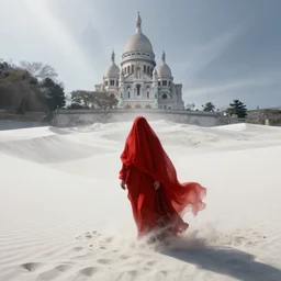 one lone singular swirling otherworldly angelic figure shrouded in red robes emerges from extensive barren white dunescape, matte painting by peter mohrbacher and filip hodas, background basilica! sacre coeur, godrays, high contrast, highly detailed