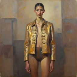 full body portrait in daring femininity, ethnic, realistic face sculpted features, thin and statuesque model, urban outfit with jacket with rows of buckles, warm glow, bathed in light, chiaroscuro, specular highlights, angular impressionism, global illumination, natural color scheme, earthy tones, modern fashion, contemporary art, oil on canvas